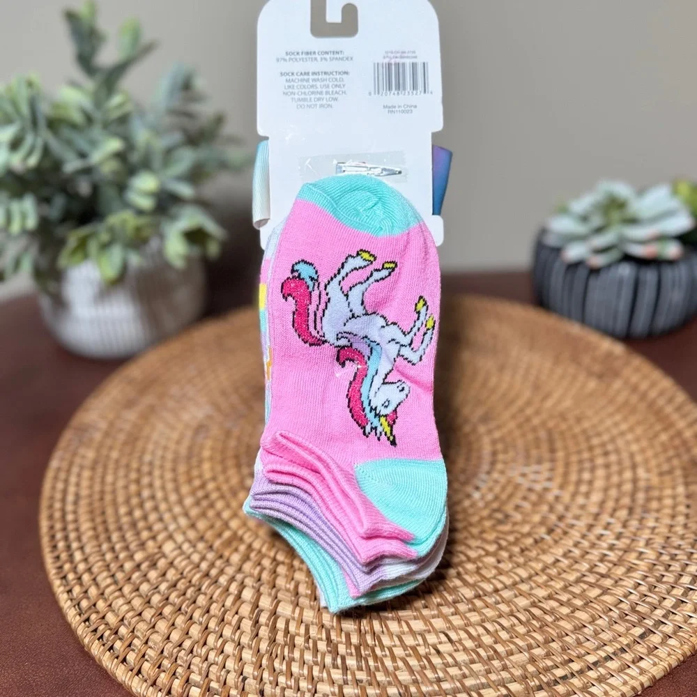 10 Pairs Pink and White Graphic No Show Socks with 1 Rainbow Ribbon Hair Bow